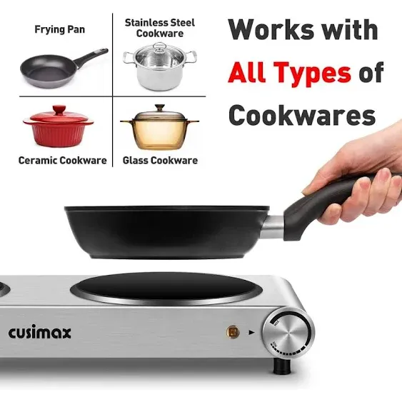 Cusimax 1800W Electric Double Hot Plate, Silver Infrared Stove