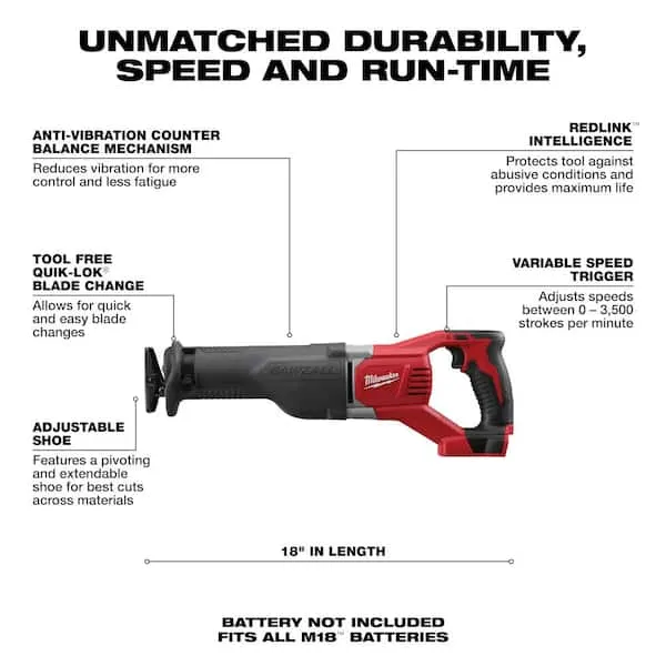 Reciprocating Saw: 1 1/4 in Stroke Lg, 3,000 Max. Strokes per Minute, Straight, Brushless Motor