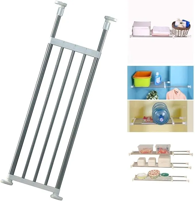 BAOYOUNI Expandable Closet Tension Shelf Storage Rack Heavy Duty Stainless Steel Adjustable Metal Organizer for Wardrobe, Cupboard, Kitchen, Bathroom Use, 19.68-31.49 Inch