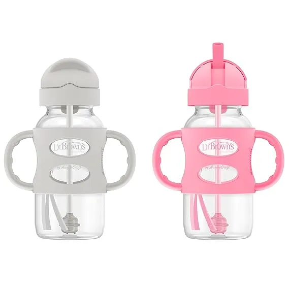 Dr. Brown's Milestones Wide-Neck Sippy Straw Bottle with 100% Silicone Handles, 9oz/270mL, Gray & Pink, 2 Pack, 6m+