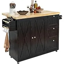 IRONCK Rolling Kitchen Island Cart with Drop-Leaf Countertop, Barn 3Drawers, Barn Door Style Cabine,Thicker Rubberwood Top, Spice Rack, on Wheels, for Kitchen and Dining Room, White