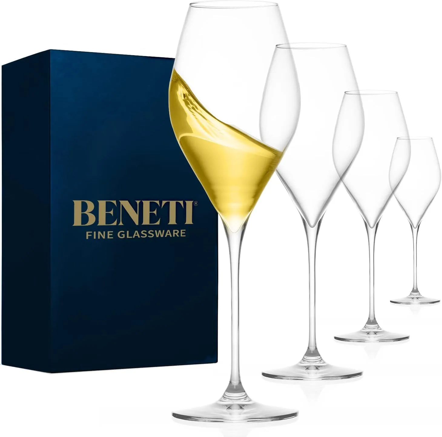 BENETI Hand-Blown European wine glasses set of 4 | 14oz Modern Long Stem Wine Glass Set for Red and White Wine