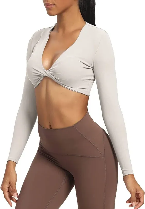 Aoxjox Long Sleeve Crop Tops for Women Sienna Twist Deep V Workout Crop T Shirt 