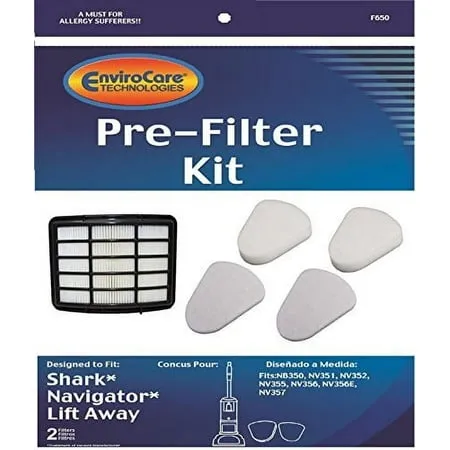 envirocare replacement vacuum filters for shark navigator lift-away nv350 nv351 nv352 nv355 nv356 nv356e nv357 pre-filter kits (2 foam and 2 felt filters) + 1 hepa filter