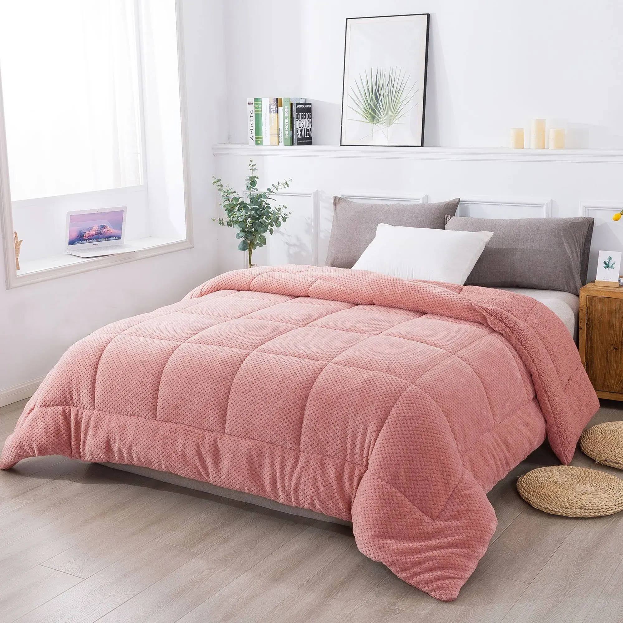 Kasentex Warm Plush Comforter, Ultra Soft Cozy Reversible Sherpa Machine Washable Bedding - Rose - Twin