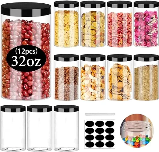 SLifeJars Clear Plastic Jars 32oz 12Pack Big Round Pet Plastic Containers with Black Screw On Lids Reusable Empty Storage Jars with Lid Clear