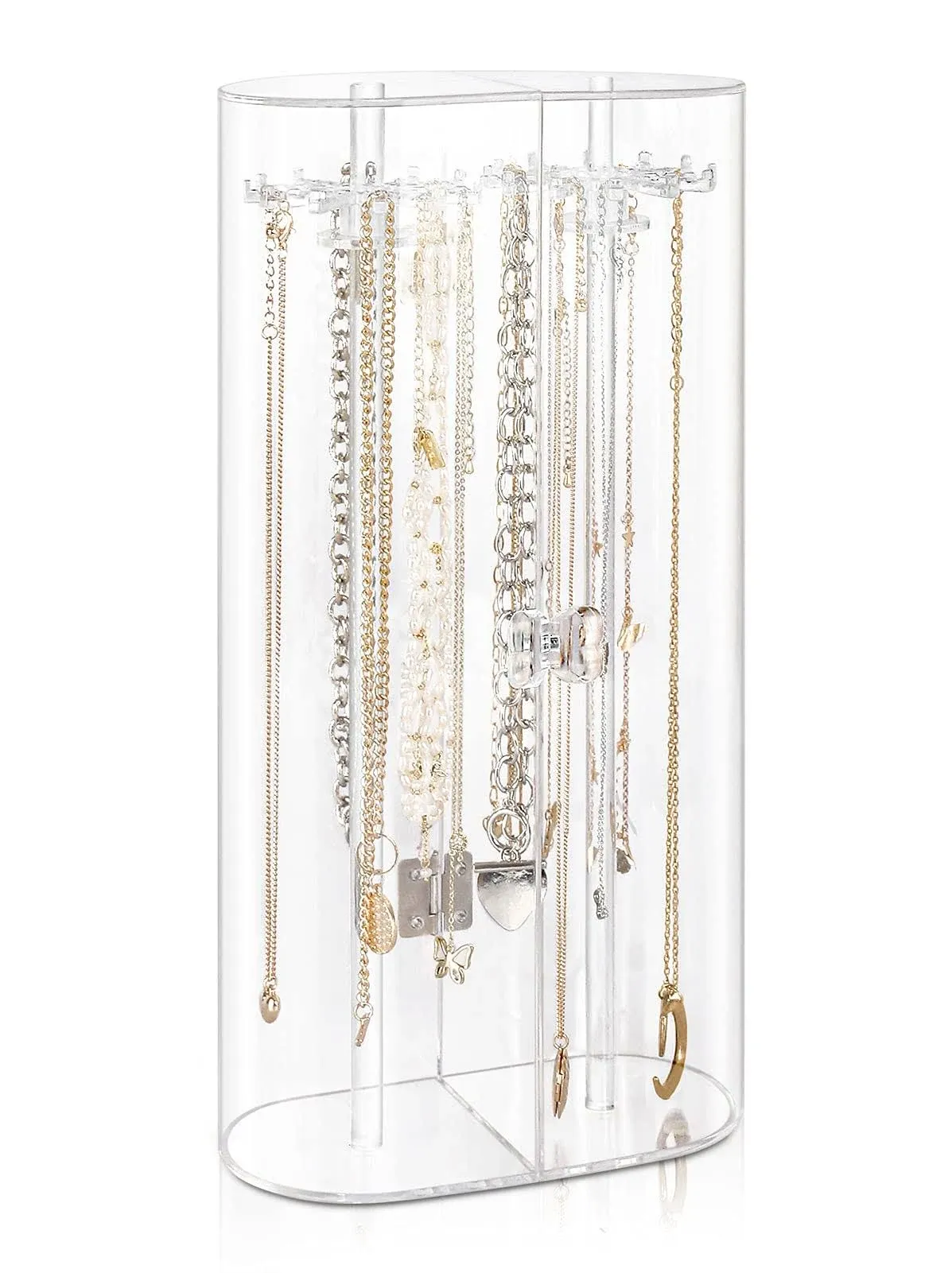 Jenseits Acrylic Necklace Holder, Clear Necklace Organizer with 24 Hooks, Dustproof Rotation Jewelry Storage Holder Stand, Long Necklaces Pendant