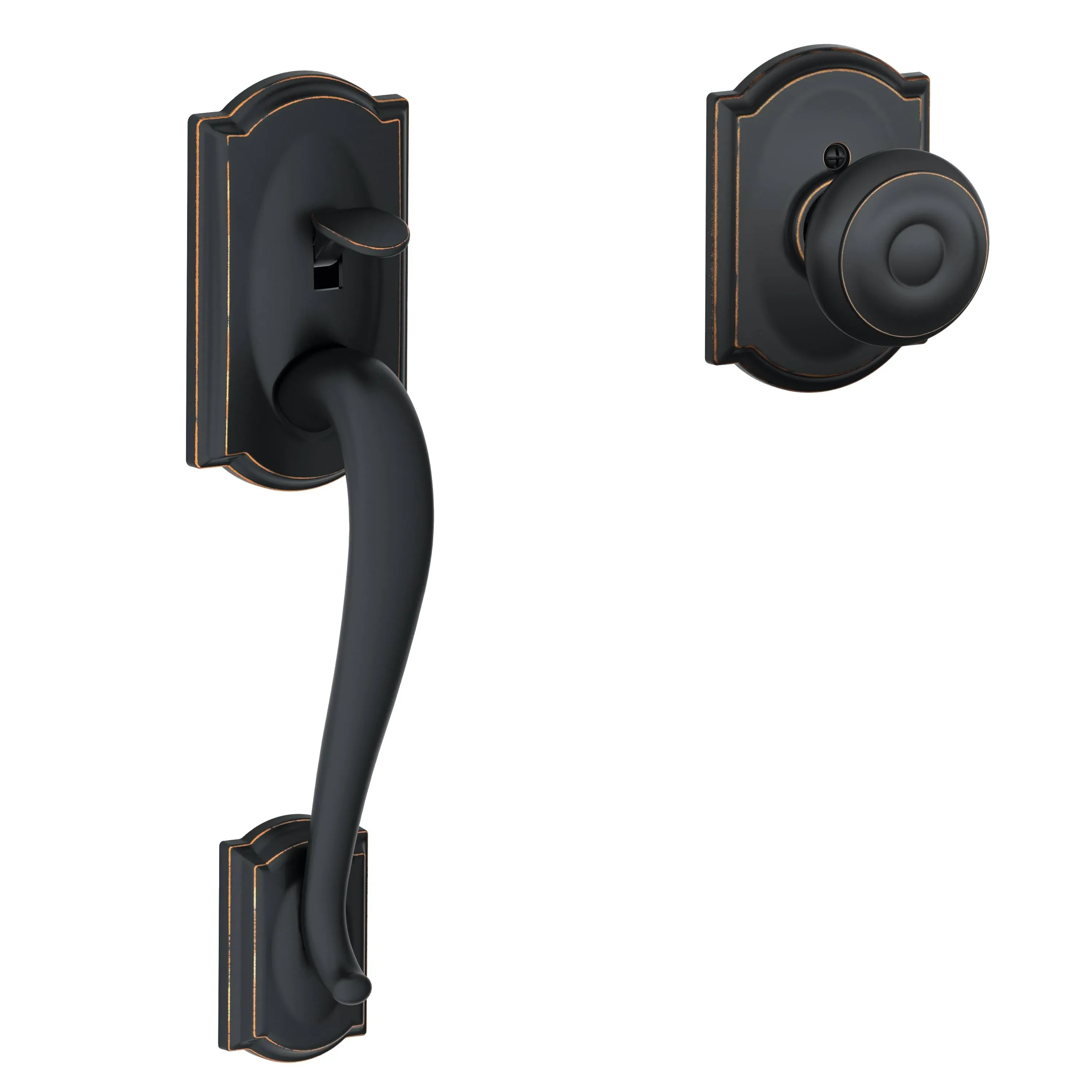 Schlage F60CAM716ACCRH Camelot Handleset with Deadbolt and Accent Door Lever and Rosette Lever Orientation: Right, Finish: Aged Bronze