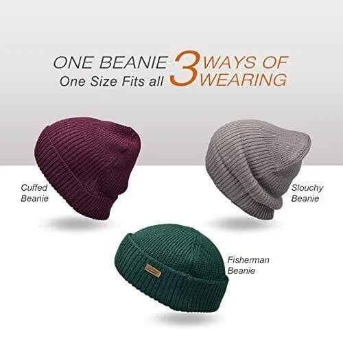 Merino Wool Short Fisherman Beanies for Men Women Knit Cuff Trawler Beanie Ca...