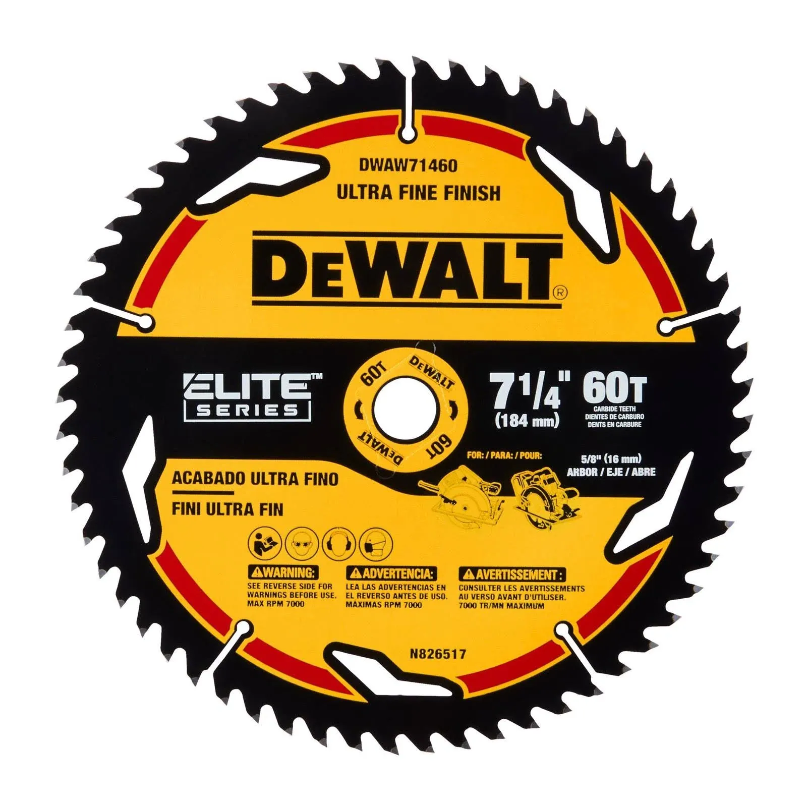 DeWalt DWAW71460 Elite Ultra Fine Finish Carbide Blade, 7-1/4&#034; x 60T