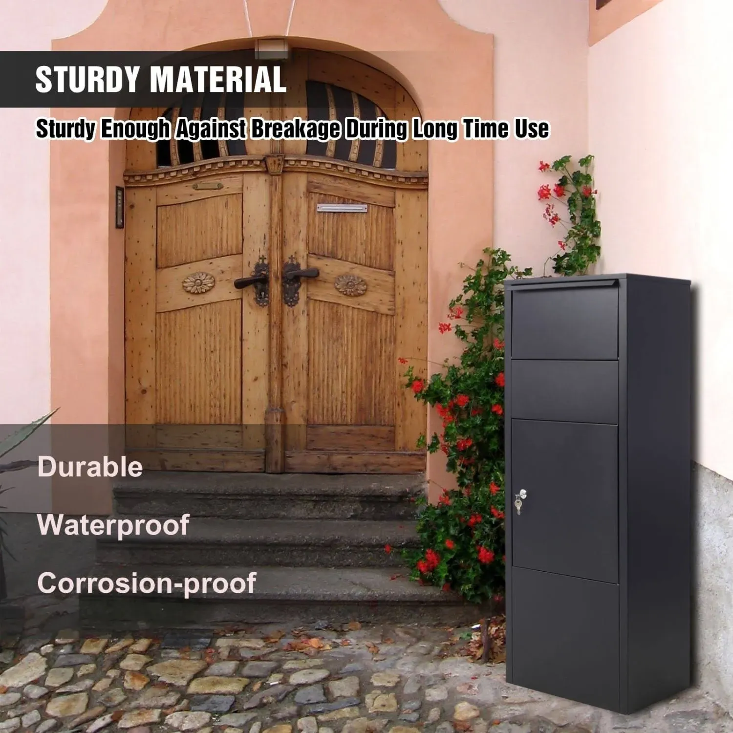 Tidoin Black Outdoor Large Package Delivery Parcel Mail Drop Box with Lockable Storage Compartment Heavy-Duty Weatherproof