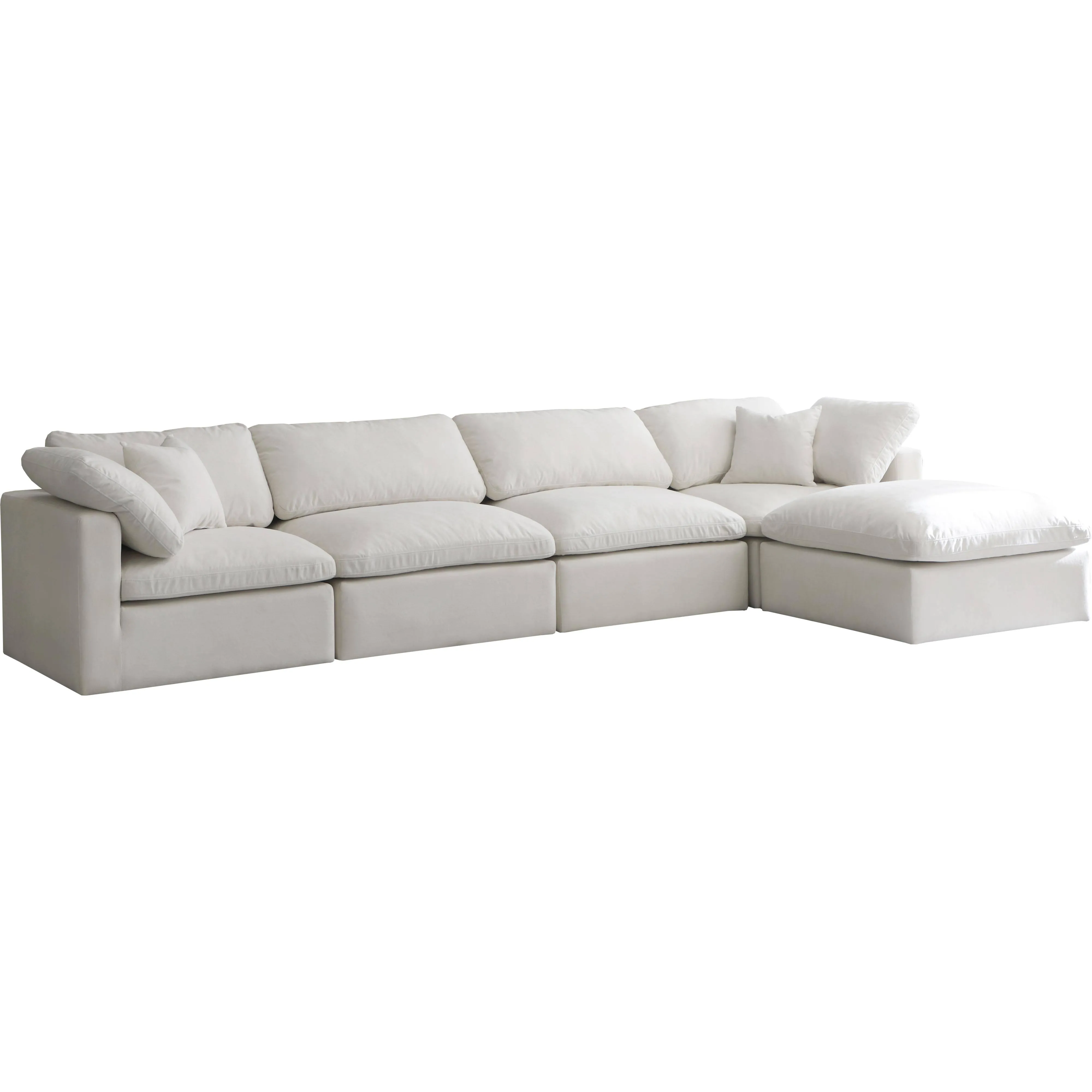 Meridian Furniture Plush Collection Contemporary Down Filled Comfort Overstuffed Velvet Upholstered Modular U-Shaped Sectional, 5-Seater and 1 Ottoman, Cream