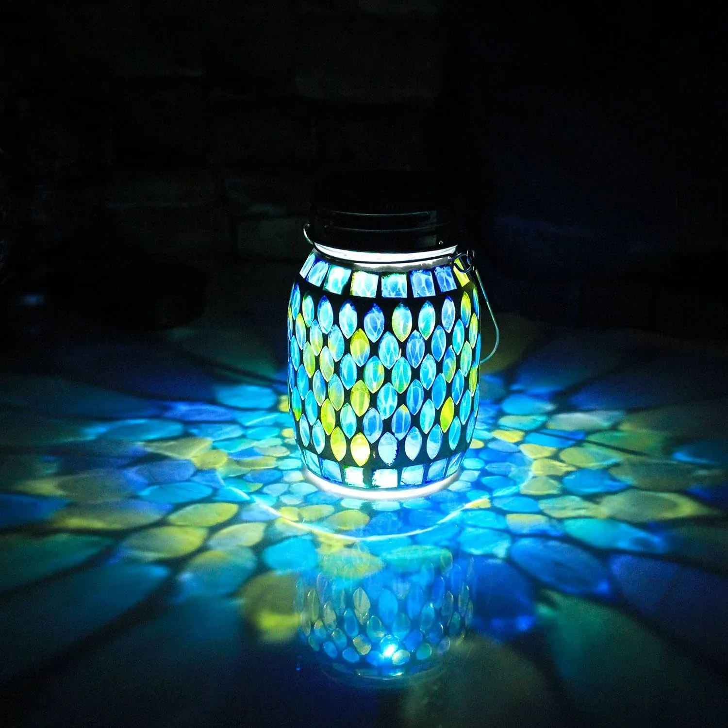 Mosaic Solar Lanterns Outdoor Hanging Lights, Solar Table Lamps Cool Blue Color Mosaic Glass Lights, Outdoor Waterproof Solar Night Lights, Garden,Pat