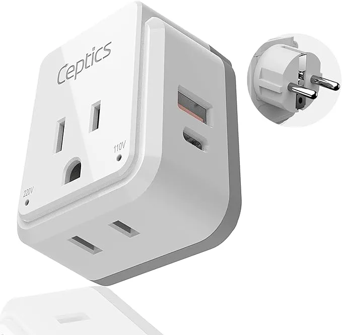 Ceptics Germany, Korea Travel Plug Adapter Set, 20W PD & QC, Safe Dual USB & USB-C - 2 USA Socket - Use in Schuko, France, Russia, Netherlands -