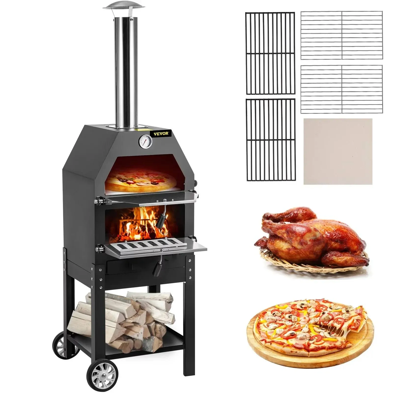 Outdoor Pizza Oven, 12&#034; Wood Fire Oven, 2-Layer Pizza Oven Wood Fired, Wood Burn