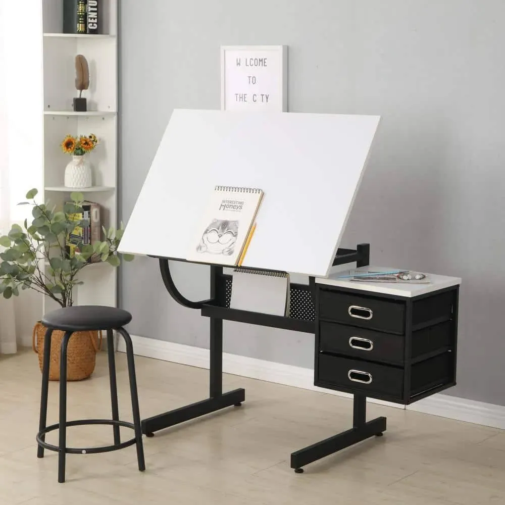 Seafuloy Drafting Table W/ Stool 29.5&#034; x 45.67&#034; 3-Drawer Adjustable in White