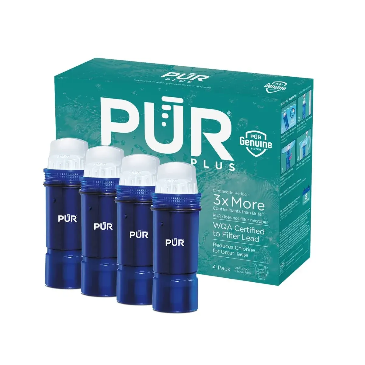 Pur Plus Water Pitcher Replacement Filter with Lead Reduction (4 Pack), Blue Compatible with All Pur Pitcher and Dispenser Filtration Systems