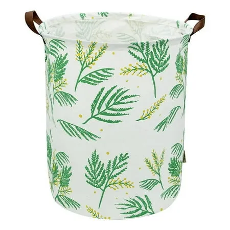 Howarmer Large Collapsible Laundry Hamper with Handles Round Storage Baskets Waterproof Dirty Clothes Laundry Basket Foldable Bin Storage Basket Organizer for Baby Toy Collection Green Leaf