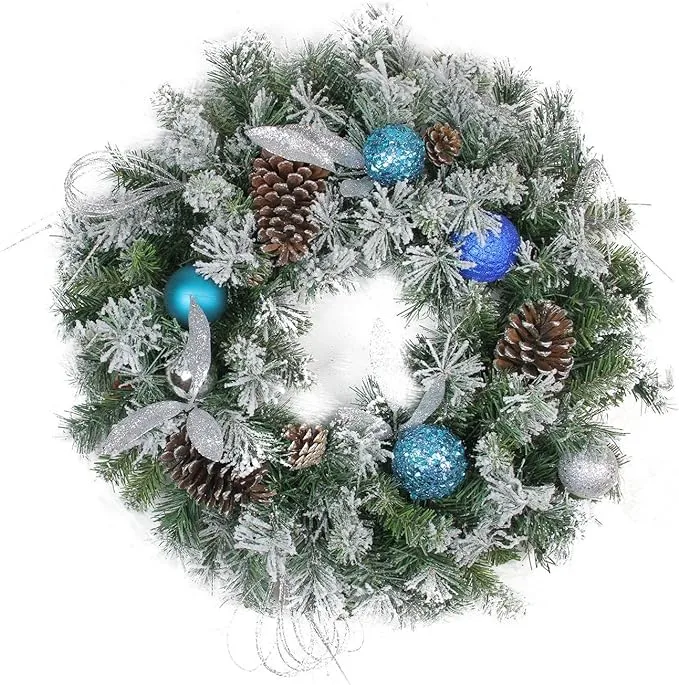 Northlight Flocked Pine with Teal and Silver Ornaments Artificial Christmas Wreath, 24-Inch, Unlit