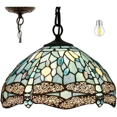 Tiffany Pendant Light Werfactory® 12 Inch Sea Blue Stained Glass Dragonfly Hanging Lamp