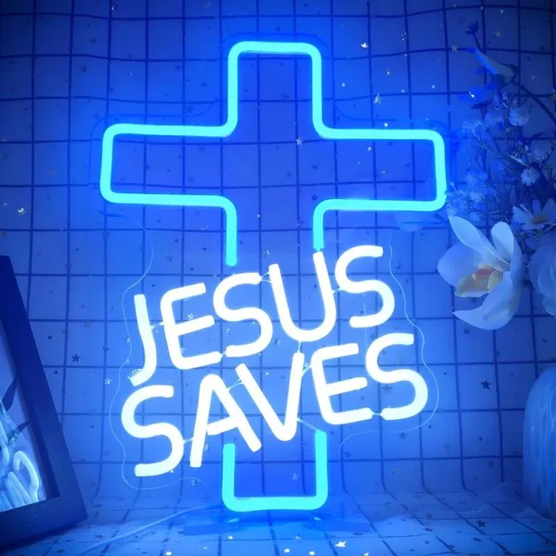 JanHune Cross Neon Signs Jesus Saves Neon Sign Dimmable Jesus Neon Signs LED ...