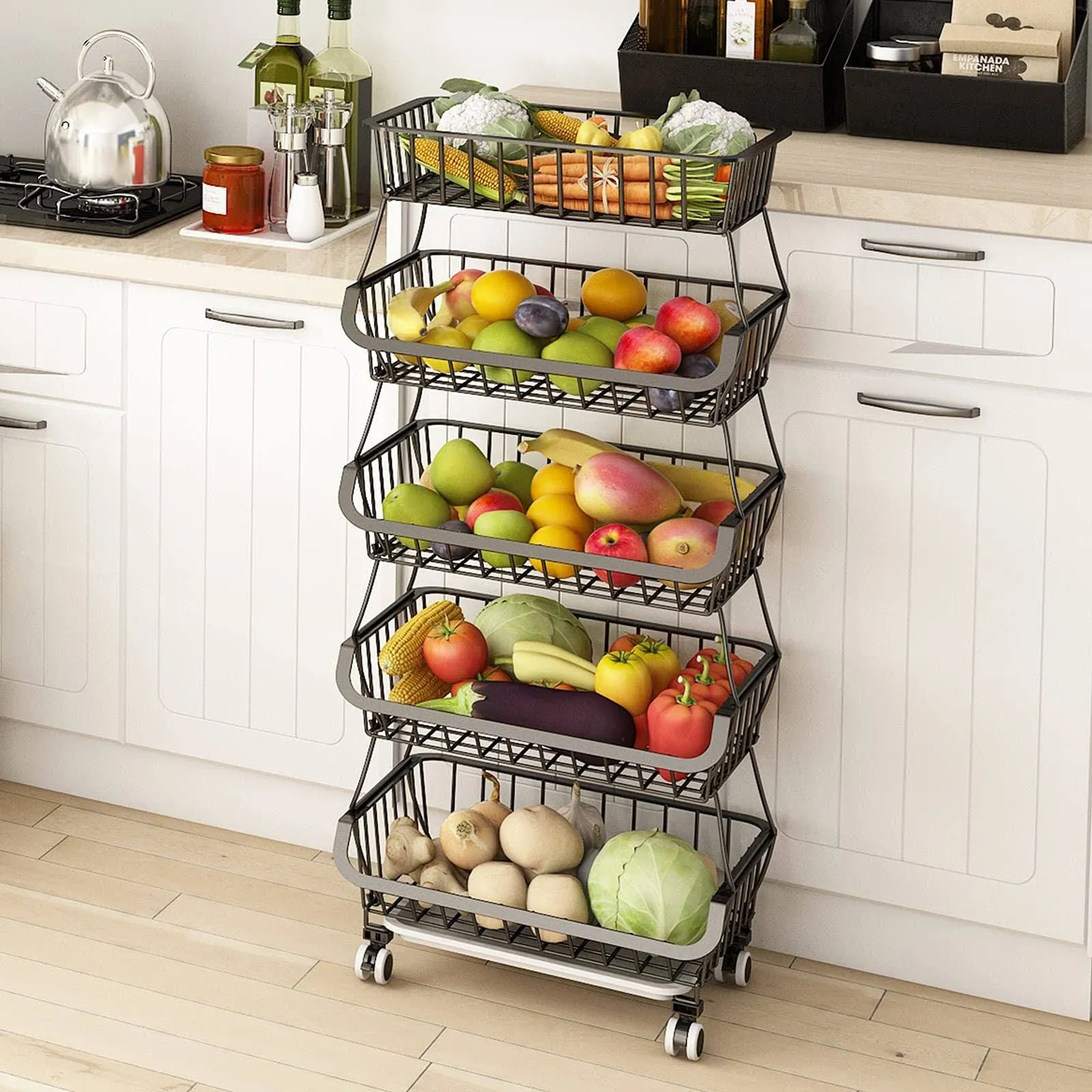 Wisdom Star 5 Tier, Kitchen Fruit Vegetable Storage Cart, Vegetable Basket Bins for Onions and Potatoes, Wire Storage Organizer Utility Cart with Wheels, Black