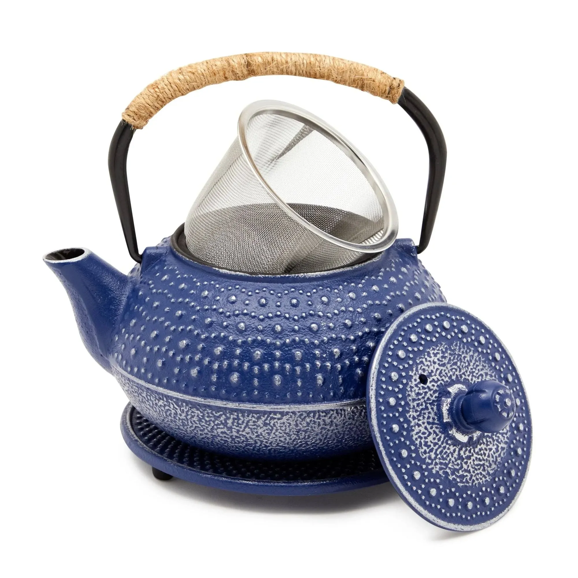 Juvale 3 Piece Set Blue Japanese Cast Iron Teapot with Infuser and Trivet