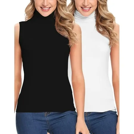 2 Pack Anyfit Wear Womens Mock Turtleneck Tank Top Sleeveless SLim Fit Top Basic Solid Layer Shirt