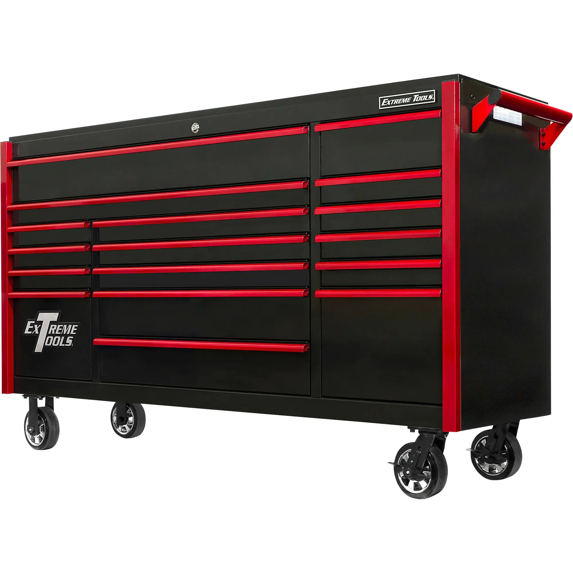 Extreme Tools 72" DX Series 17-Drawer Roller Cabinet - Black w/Red Drawer Pulls