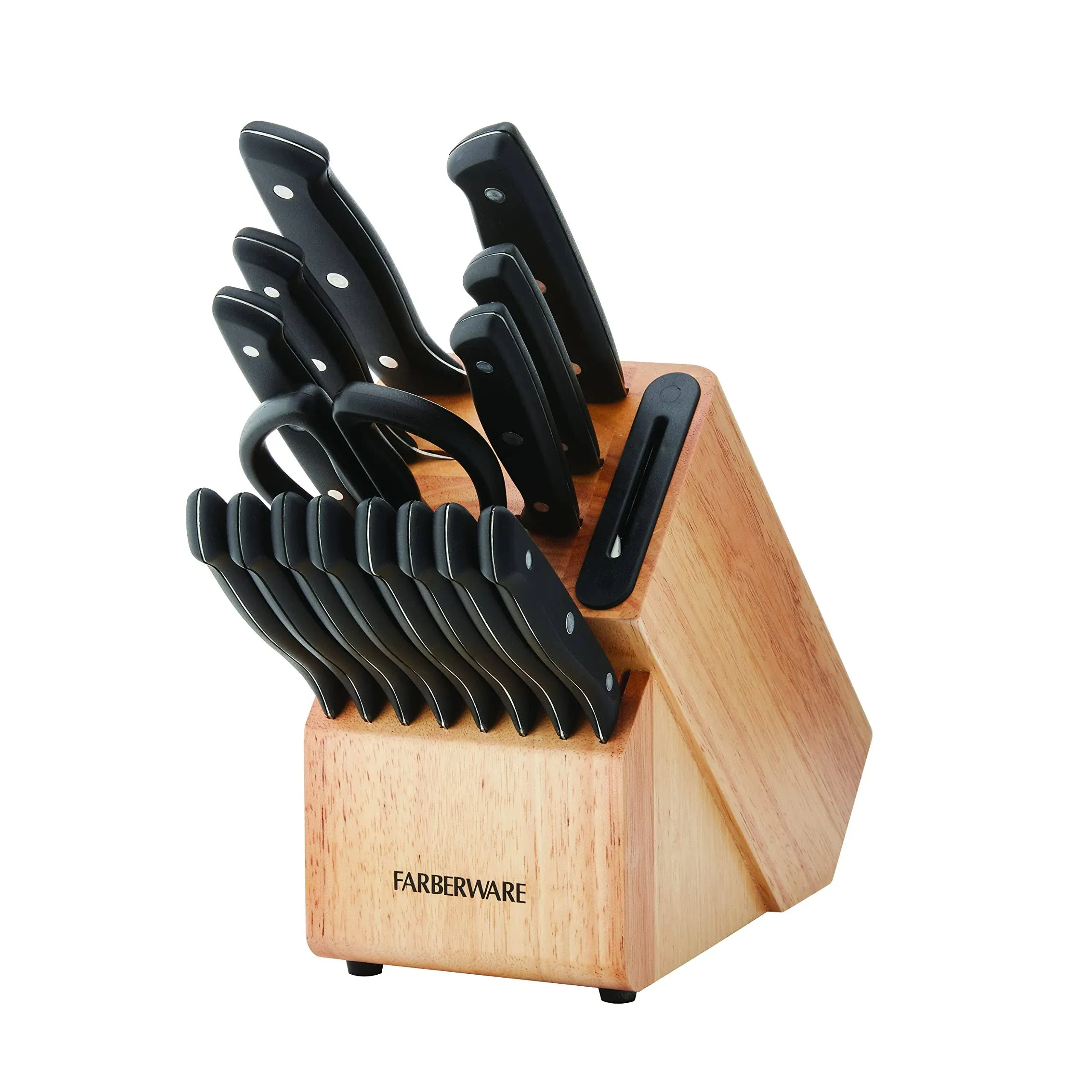 16 pc Farberware Wood Block w/ Edgekeeper Triple Rivet Stainless Steel Knife Set