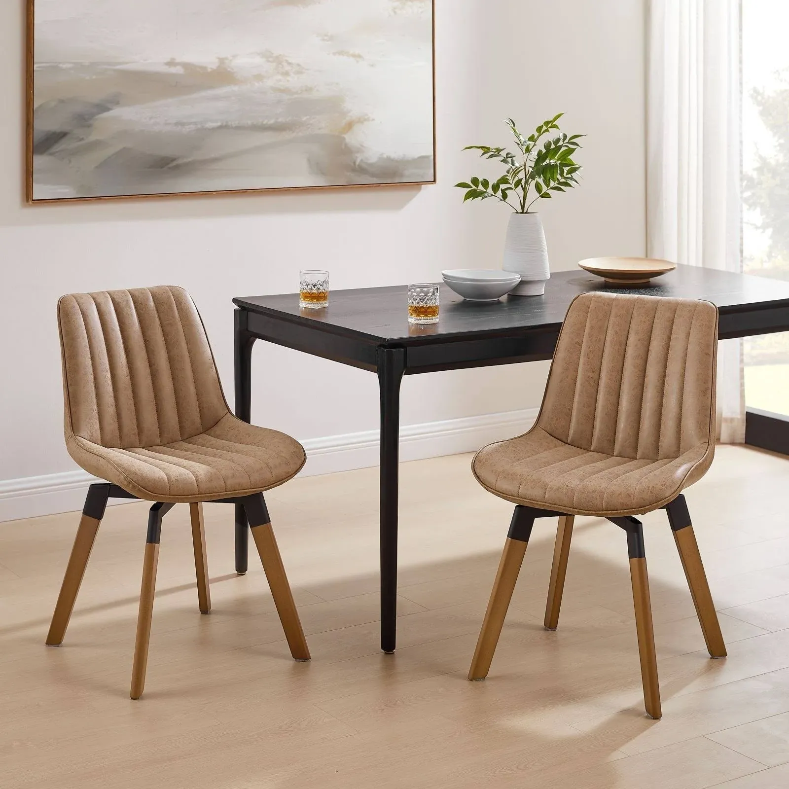 Art Leon Dining Chairs with Wooden Legs, Swivel PU Leather, Set of 2,Brown