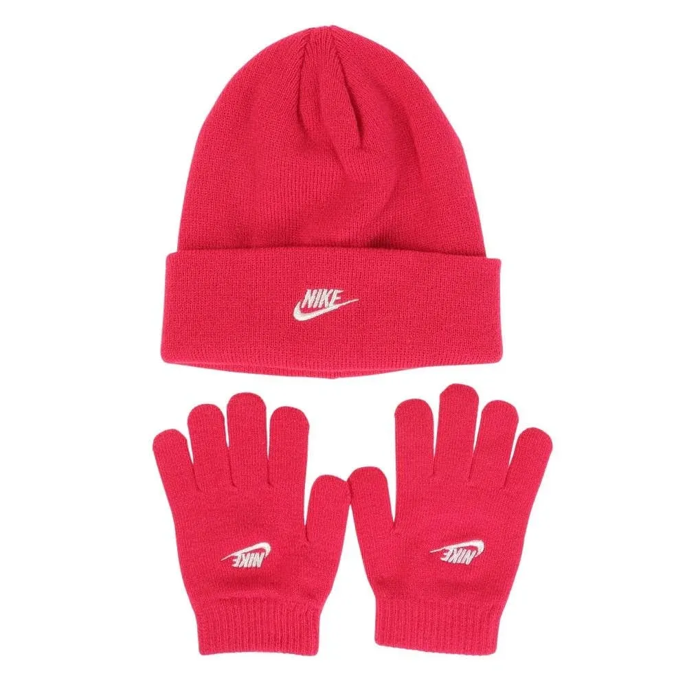 Nike Girl's Logo Futura Beanie & Gloves Set - Rush Pink - Size 7