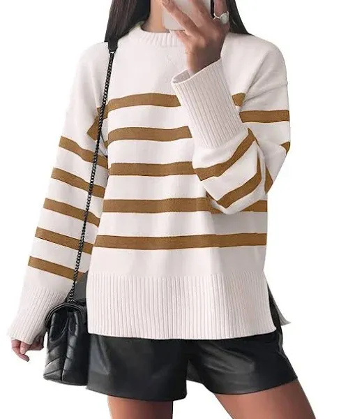 BOUTIKOME Women&#039;s Striped Sweater Black and White Striped Sweater Side Slit Knit