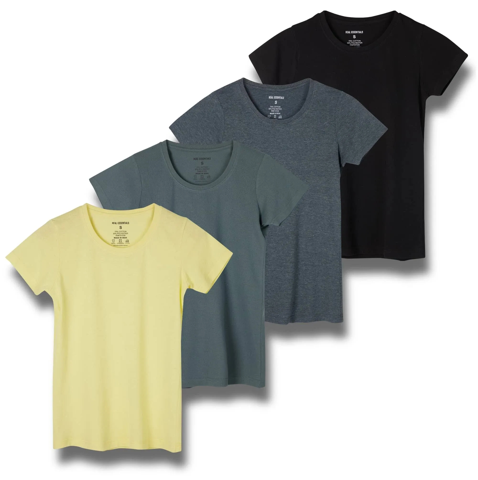 Real Essentials 4 Pack: Women's Classic-Fit Cotton Short-Sleeve Scoop Crew Neck T-Shirt (Available in Plus Size)