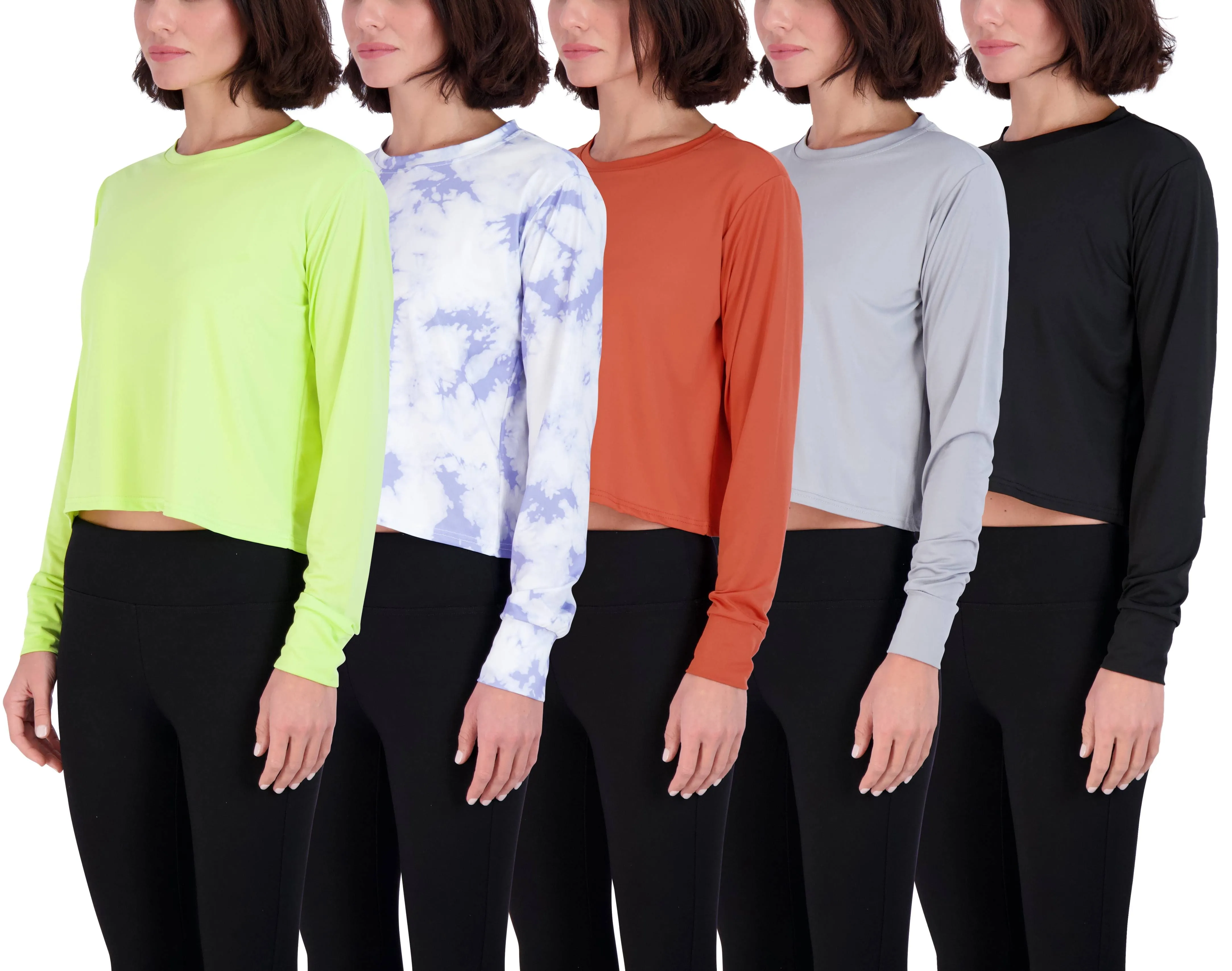 Real Essentials 5 Pack: Women's Dry Fit Crop Top - Long Sleeve Crew Neck Stretch ...