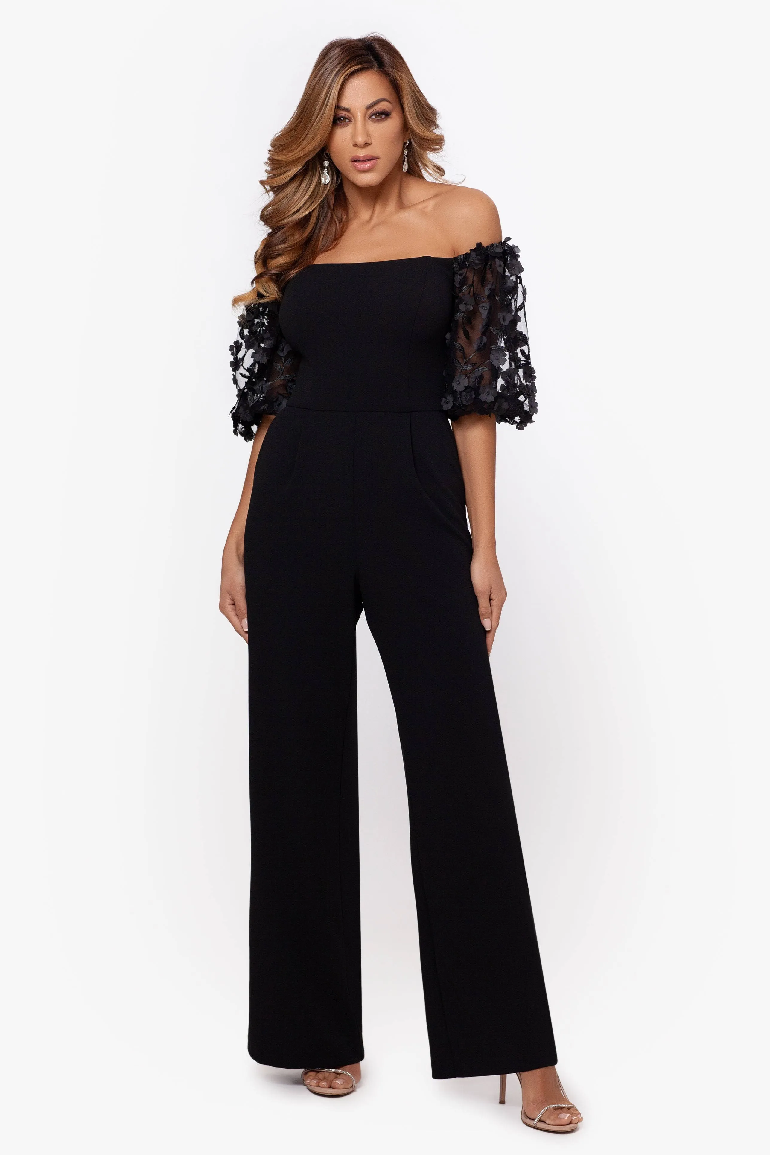 Xscape Petites Womens Floral Applique Off-The-Shoulder Jumpsuit, Black