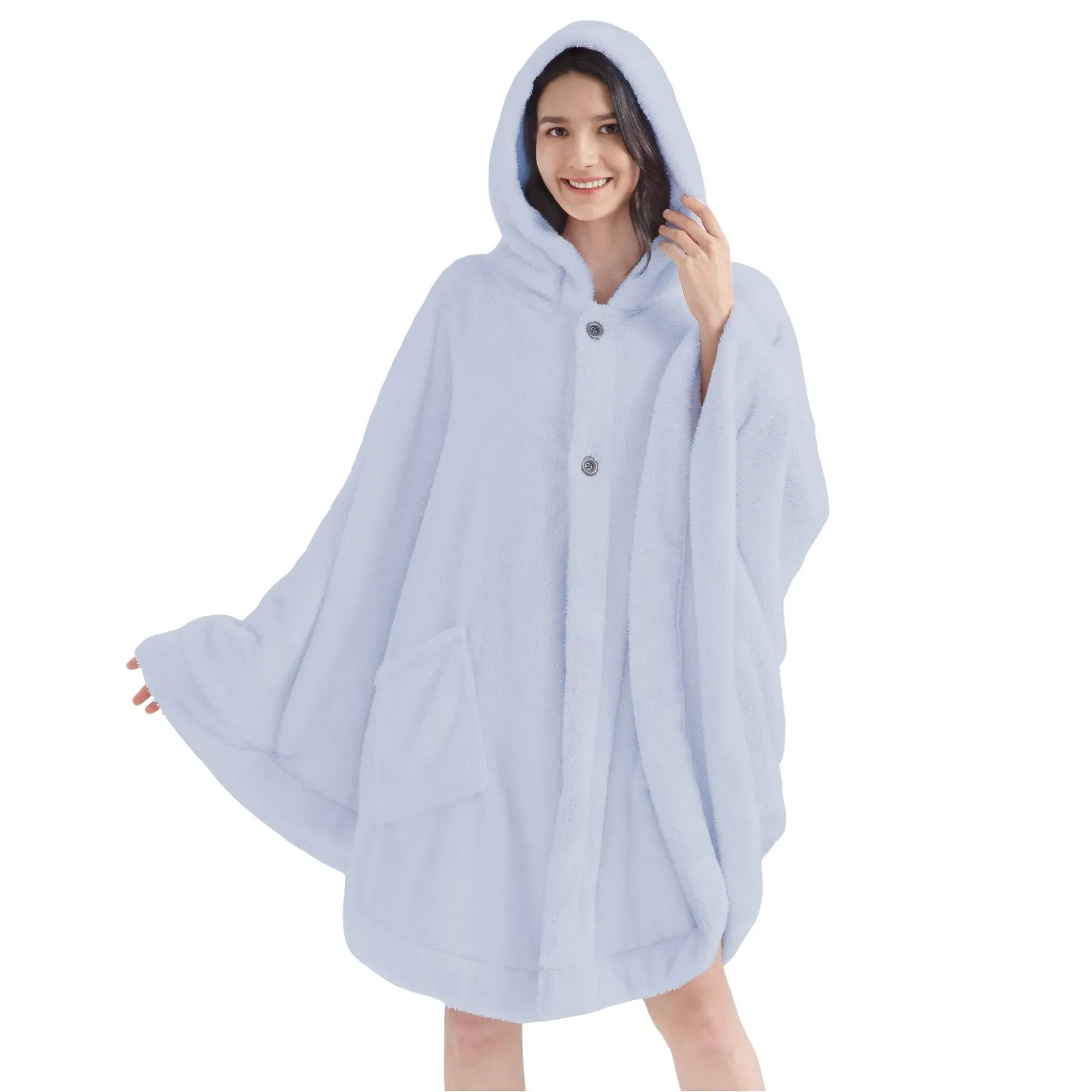 PAVILIA Angel Wrap Hooded Blanket Poncho, Wearable Blanket Throw Wrap Poncho for Women Adult, Cozy Fluffy Sherpa Fleece Shawl Cape with Hood pockets, Warm Gift for Mom Wife, Light Blue