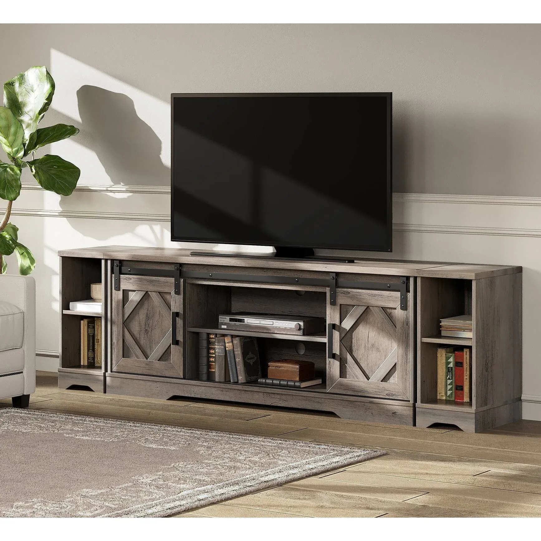 WAMPAT Modern Farmhouse TV Stand for up to 85" TVs Wood Entertainment Center with Open Storage for Living Room,Rustic White