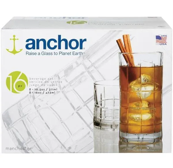 Anchor Hocking Manchester 16-Piece Drinkware Set, Clear