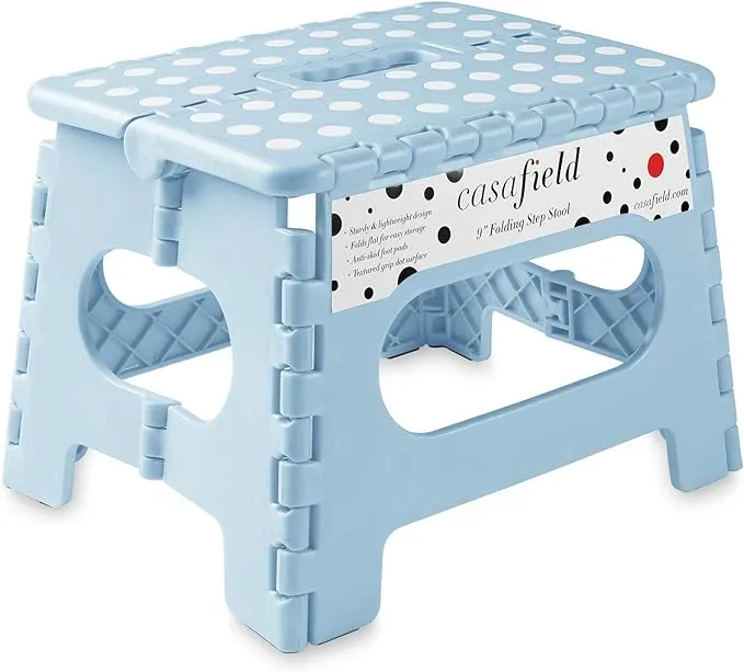 Casafield 9" Folding Step Stool with Handle, Blue - Portable Collapsible Small Plastic Foot Stool for Kids and Adults - Use in The Kitchen, Bathroom