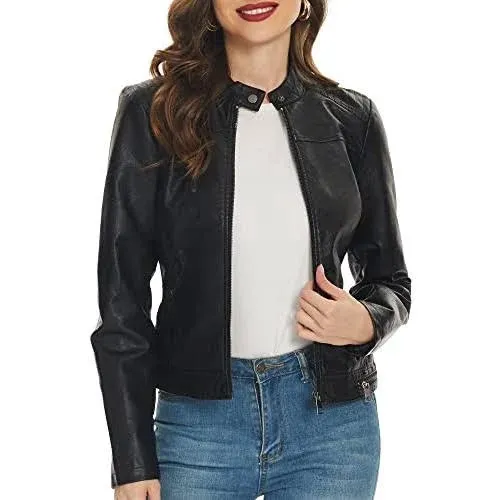 Fahsyee Black Faux Leather Jackets for Women Motorcycle PU Moto Biker Outwear Coat