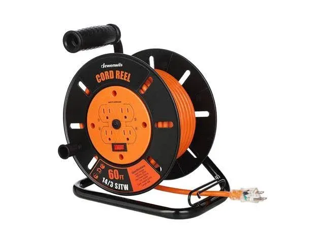 60FT Extension Cord Reel with 4-Grounted Outlets, Electric cord reel with 14/3