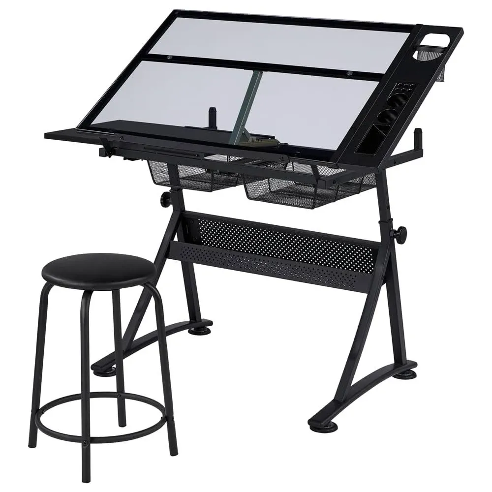 Yaheetech Height Adjustable Glass Drafting Table Artists Tilting Tempered Glass ...