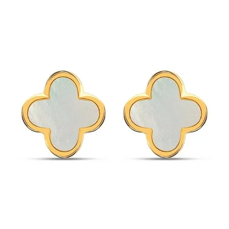 LeCalla 925 Sterling Silver 18K Gold-Plated Mother Of Pearl Clover Leaf Stud Earring for Women and Teen Girls 10MM