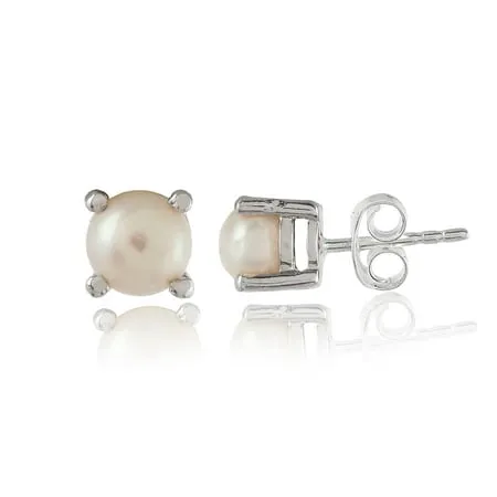 18K White Gold Plated 925 Sterling Silver Freshwater Pearls Classic Designer Round Stud Earrings for Women and Girls