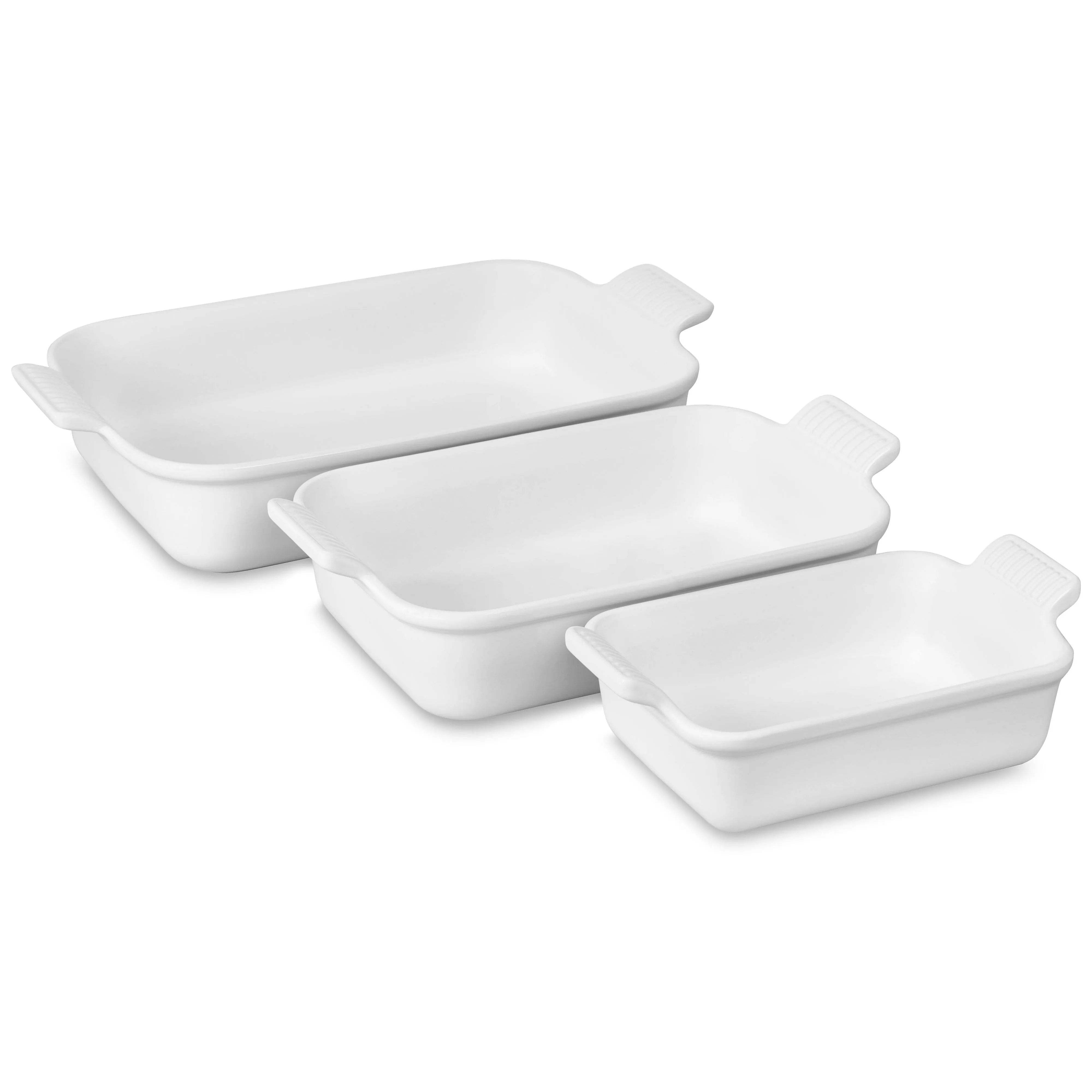 Le Creuset Set of (3) Heritage Rectangular Baking Dishes,White