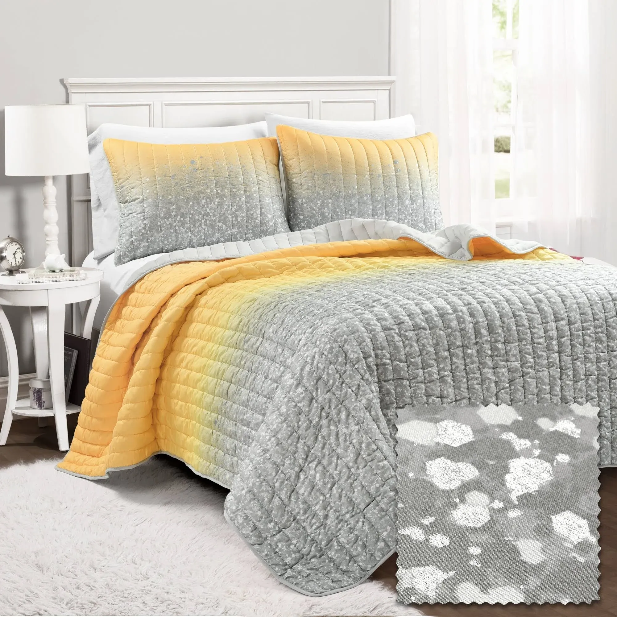 Lush Decor - Yellow & Gray Glitter Ombre Print Full/Queen 5-Piece Quilt Set