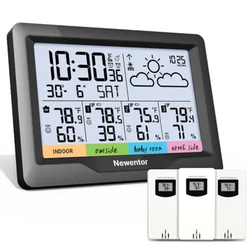 Newentor Weather Station Wireless Indoor Outdoor Multiple Sensors, Digital Atomic Clock Weather Thermometer, Forecast Weather Station with Backlight