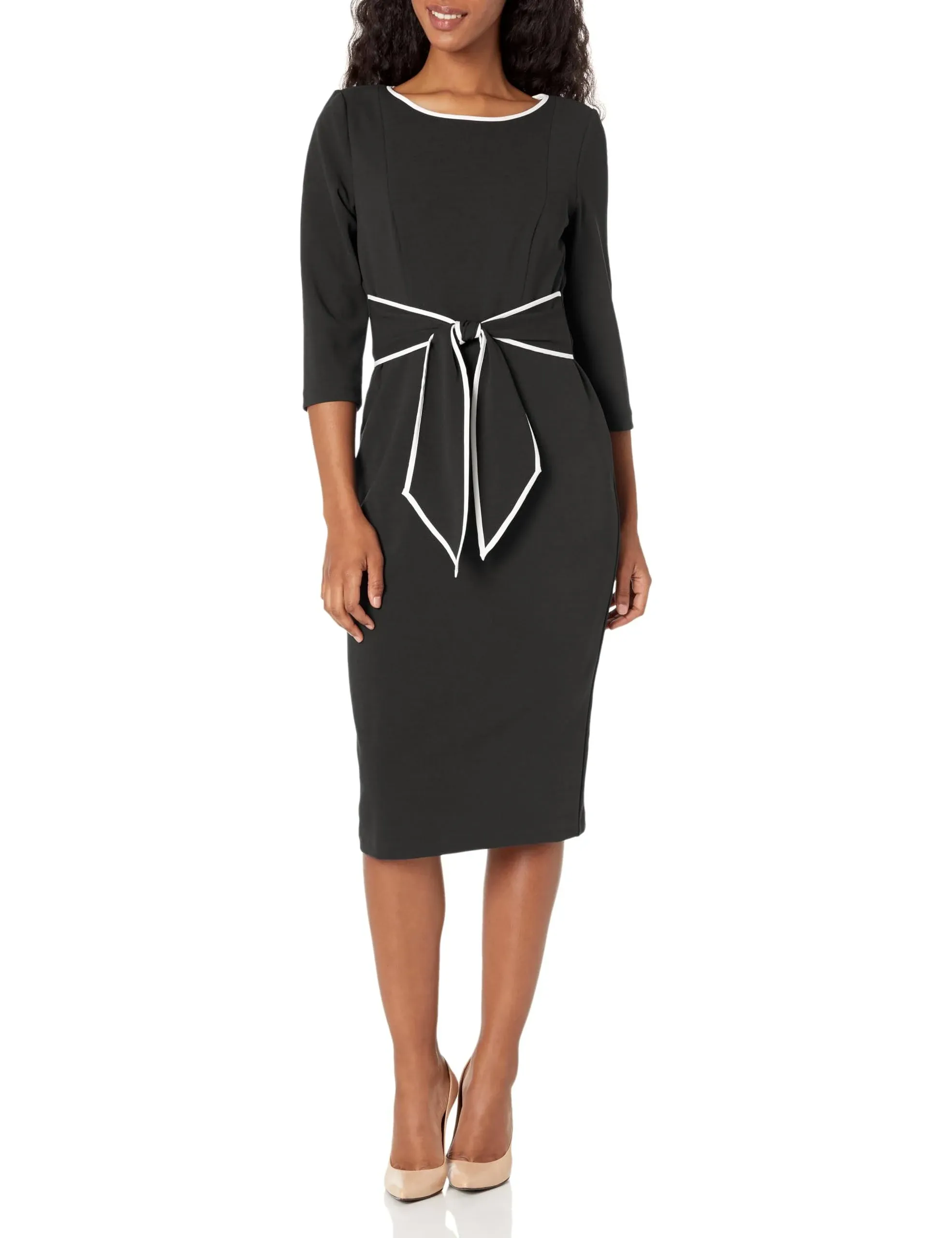 Adrianna Papell Tipped Crepe Tie Waist Dress Black/Ivory