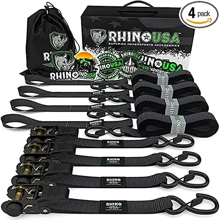 Rhino USA Spanngurte mit Ratsche, 0,8 kg, im Labor geprüft, maximale Bruchfestigkeit, inklusive (4) Premium-Spanngurte mit 2,5 cm x 4,5 m, mit gepolsterten Griffen, ideal zum Umzug, Sichern von